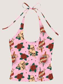 Shutterstock Women's Skeleton & Floral Print Fashion Halter Neck Tank Top Pink Top Skull Print Top Rose Print Top Tattoo Print Top Pink Halter Top - Pink - View 6