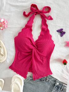 Soleia 时尚性感吊带系带扭纹下摆开衩露背吊带背心 - 中紫紅色 - 查看 4