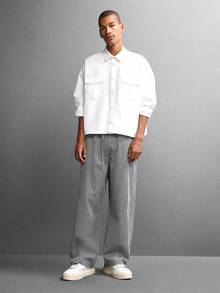 SUMWON 棉质高腰阔腿条纹阔腿裤，前褶筒形剪裁，适合办公室职业裤，四季皆宜 - 黑與白 - 查看 3