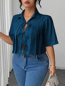 Elenzga 女式褶饰蝴蝶结短款优雅衬衫 - 藍色 - 查看 4