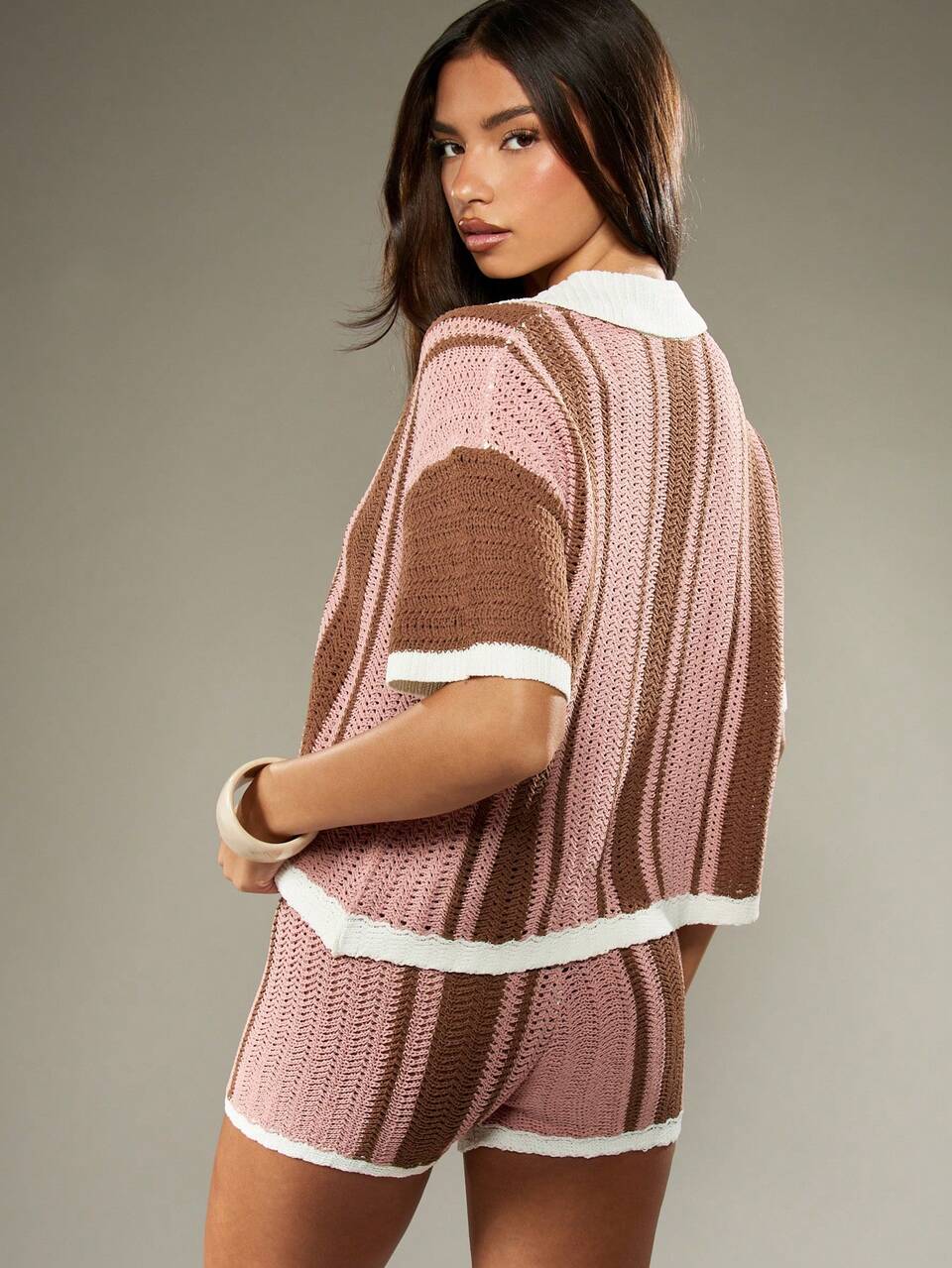 MISSGUIDED Knit Crochet Two Piece Co Ord Set Number 53 Striped V Neck Top High Waist Shorts Summer Casual Beach Festival Outfit With Flower Applique