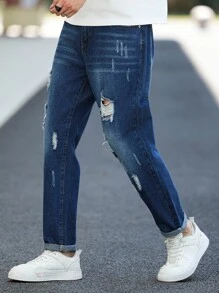 Manfinity Homme 男士休闲破洞洗水牛仔裤，磨边牛仔裤纯色深蓝色长直筒工装牛仔裤，适合送给老公、男朋友的礼物 - 藍色 - 查看 4