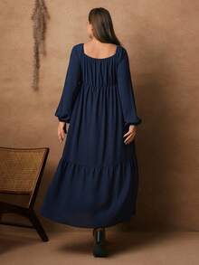 Rosumi Gaun Lengan Panjang Berenda dengan Hiasan Rumbai Warna Polos Ukuran Besar, Pakaian Musim Dingin untuk Wanita, Pakaian Musim Gugur untuk Wanita, Gaun Panjang Kasual - Navy Blue - View 3
