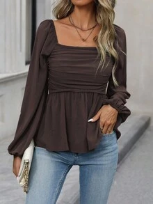 EMERY ROSE Women's Solid Color Square Neck Lantern Sleeve Ruffle Hem Fashionable Blouse - Chocolate Brown - View 6