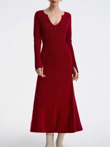 Aalyst Rochie lungă elegantă din angora, cu decolteu în V, talie mulată, linie A, subțire și grațioasă, mânecă lungă, potrivită pentru primăvară și toamnă - Burgundia - Vizualizare 4