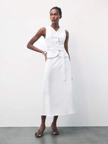 Maija 2025 Otoño/Invierno Nuevo Falda línea A con cuello en V blanco, abotonadura frontal, cinturón ajustable, estilo vintage, urbano, casual, romántico de los 90, apto para fiesta de Acción de Gracias, playa, graduación, boda, cita, fiesta, concierto, brunch, aeropuerto - Blanco - Ver 4