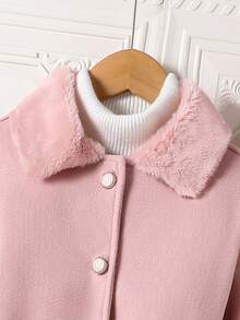 浅粉色单排扣大衣，带毛领，中长款，秋冬季 - 粉色 - 查看 6
