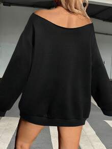 SHEIN CURVE+ 大码休闲秋冬字母印花卫衣 - 黑色 - 查看 2