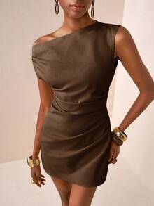 Zivah 2025春夏新款音乐节、复活节、圣帕特里克节、西部风、游牧风、生日派对、毕业典礼、校园风、学生装、日常休闲、百搭百搭、休闲、邮轮旅行、海滩、日光浴、时尚、落肩、不对称、亚麻纹理、卡其色女短裙 - 棕色 - 查看 6