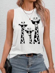 EMERY ROSE Casual Minimalist Black & White Giraffe Print Loose Fit Sleeveless Round Neck Tank Top For Women, Suitable For Summer,Casual - White - View 4