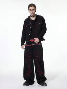 ROMWE MEN Grunge Punk Men's Dark Casual Style Front Button Long Sleeve Cross Denim Jacket Halloween - Black - View 3