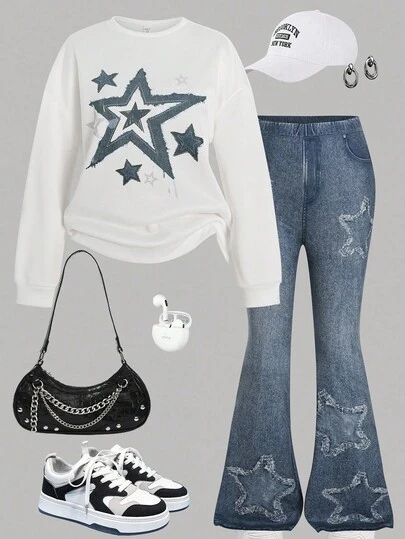 SHEIN Teen Girls' Colorblock Denim Streetwear Star Print White Long Sleeve Sweatshirt And Denim Printed Flare Pants Set, Casual, Comfortable, Versatile, Soft Fabric, Suitable For School, Outings, Parties, Back To School, Autumn/Winter Full Outfit Star Jeans Set Outfit For Teens Girls Star Jeans Fall Autumn And Winter Star Print Sweatshirt