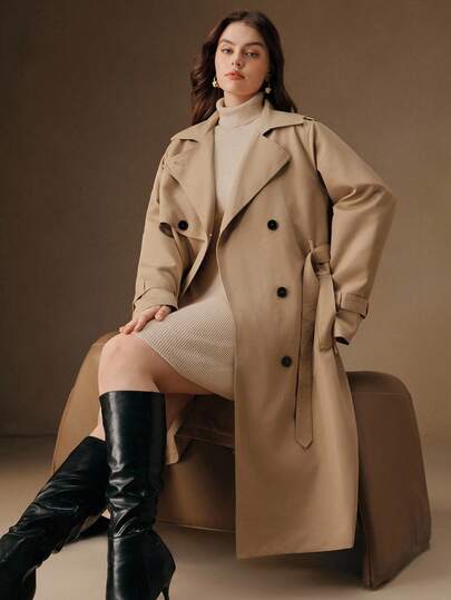 Anewsta 大码女式宽松纯色长袖风衣，秋季休闲风衣