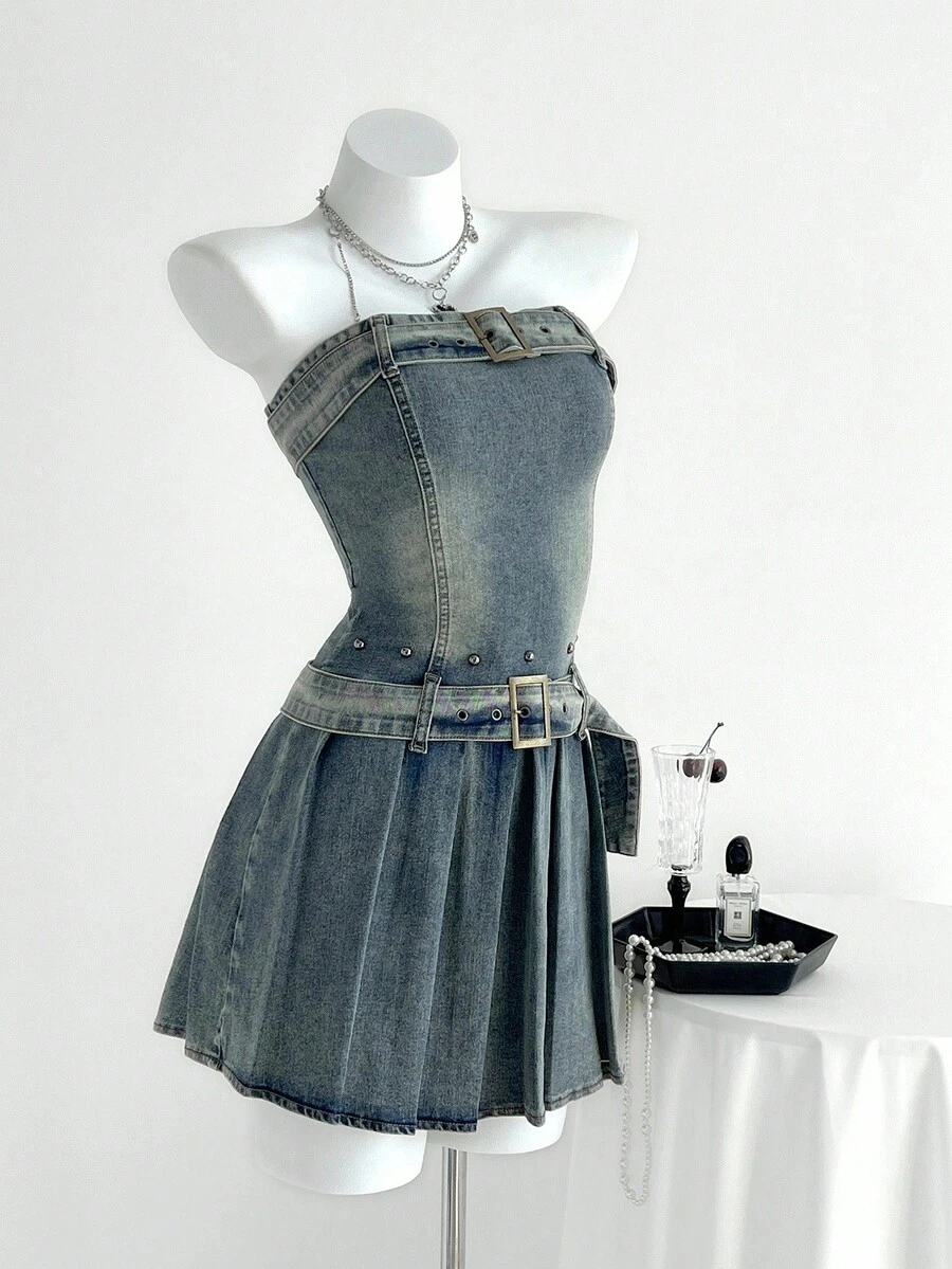 Elamini 女式休闲束带褶饰紧身牛仔连衣裙 - 藍色 - 查看 1