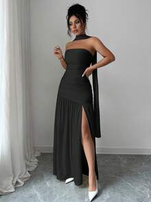 Elenzga Fashionable New Solid Color Glossy Fabric Strapless Long Flowy Ruched Waist Slit Hem Dress, Suitable For Weddings, Graduation Parties, Dates, Vacations - Black - View 7