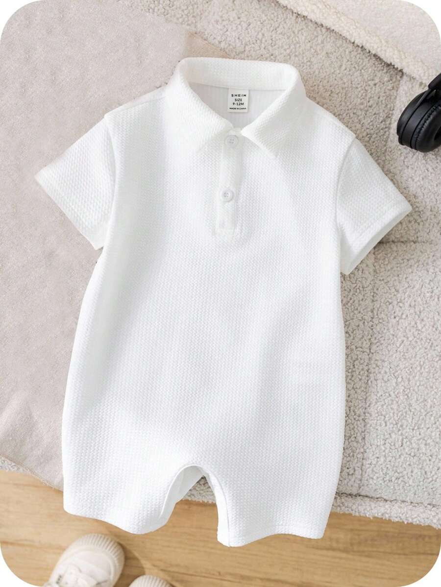 SHEIN 新生婴儿男孩/女孩柔软舒适白色短袖针织连体衣,适合室内、户外、日常、运动、派对、拍照、假日、节日、婚礼、迎婴派对、所有季节 - 白色 - 查看 1