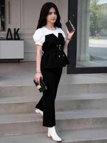 SHEIN Tween Girl Puff Sleeve Belted Top & Solid Color Flare Nine-Minute Pants Set, 2 Pieces Outfit Summer Holiday - Black - View 2