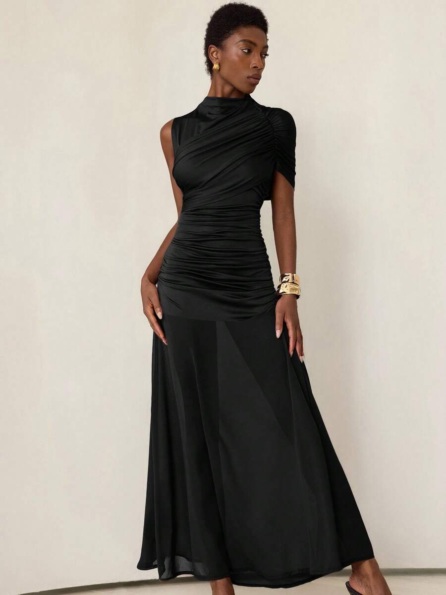 Aveloria Modichic European & American Style Khaki Elastic Fitted Asymmetric Round Neck Pleated Patchwork Mesh Sleeveless Dress For Women - Black - View 1