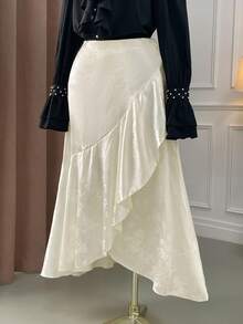 SHEIN Unity Christmas Plus Size Women Asymmetrical Hem Satin Floral Skirt, Elegant For Commuting - Apricot - View 9