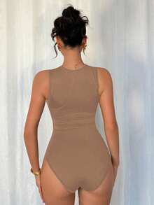 Chiquease Elegant Sexy Fashion Black Round Neck Sleeveless Fitted Asymmetrical Geometric Mesh Patchwork Knitted Bodysuit For Women, Spring/Summer