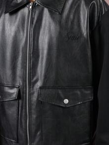 SUMWON 短款奢华双色皮革飞行员哈灵顿夹克，带前袋，高档休闲外套，街头风格，秋冬时尚 - 黑色 - 查看 6