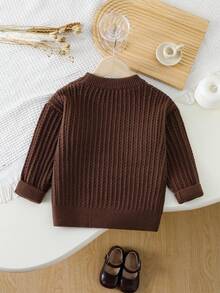 Back-To-School Young Girls Thick Round Neck Cable Knit Sweater,Oversized Loose Fit Vintage Embroidered Patch Casual Wear For School Autumn Fall Winter - Brown - View 2