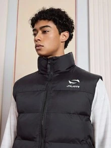 SWAVVY Men's Zip Front Casual Chest Letter Print Puffer Vest, Winter, Fall - Black - View 4