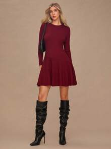 Enchnt Fall/Winter Romantic Women's Red Long Sleeves Knit Dress, Autumn/Winter,Sweet&Elegant&Fashionable For Vacation&Date&Holiday&Graduation&Wedding Guest&Office&Going Out&Halloween&Christmas,Back To School,Autumn Clothes - Burgundy - View 5