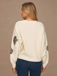 Enchnt Women's White Floral Sequin Drop Shoulder Long Sleeve Loose Casual Sweater,Elegant Autumn Clothes For Brunch, Sweet&Fashionable Party Top - Beige - View 7