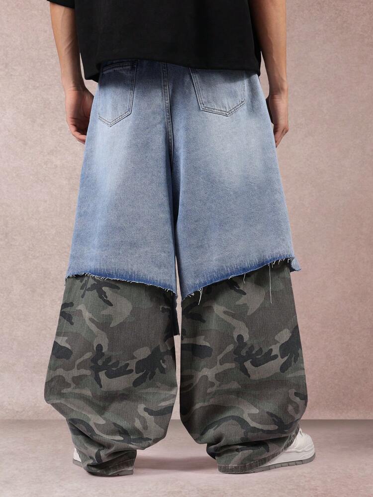 Wide Leg Double Layer Jeans With Camouflage Patchwork
