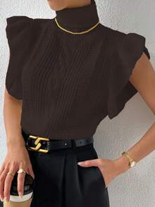 Chiquease Women's Solid Color High Collar Cap Sleeve Knit Casual Pullover Sweater Vest - Coffee Brown - View 3