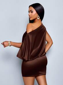 SOLERSUN Women's Elegant Asymmetric Collar Satin Bodycon Mini Dress For Women - Coffee Brown - View 2