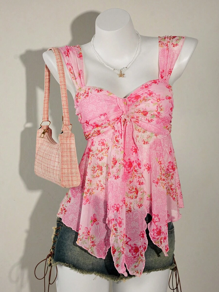 SHEIN ICON Áo nữ đi nghỉ mát in hoa xếp ly thời trang ngày Quốc khánh 4 tháng 7, áo hè dễ thương, áo đi chơi, áo hoa hồng, áo hồng xinh xắn, áo babydoll hồng, áo hè hồng - Hồng - Xem 1