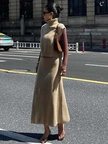 DAZY Women's Casual Solid Color Turtleneck Sweater Vest & Skirt 2-Piece Set, Autumn