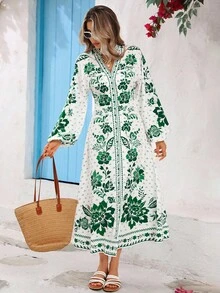 Vivid Eden 女式 V 领休闲波西米亚风格印花长袖连衣裙，适合秋冬季外出度假 - 彩色 - 查看 4