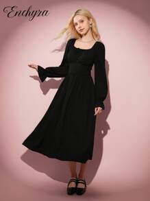 少女休闲优雅度假连衣裙，黑色紧身胸衣长袖修身连衣裙，适合万圣节、秋冬季 - 黑色 - 查看 3