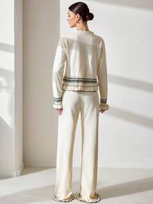 CLARA VERO 女士休闲条纹落肩长袖毛衣和针织裤套装，秋季 - 白色 - 查看 2