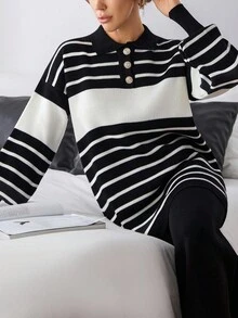 EURMUSE Set de pantaloni și pulover cu guler polo și nasturi în față cu model de dungi pentru femei - Alb-negru - Vizualizare 1