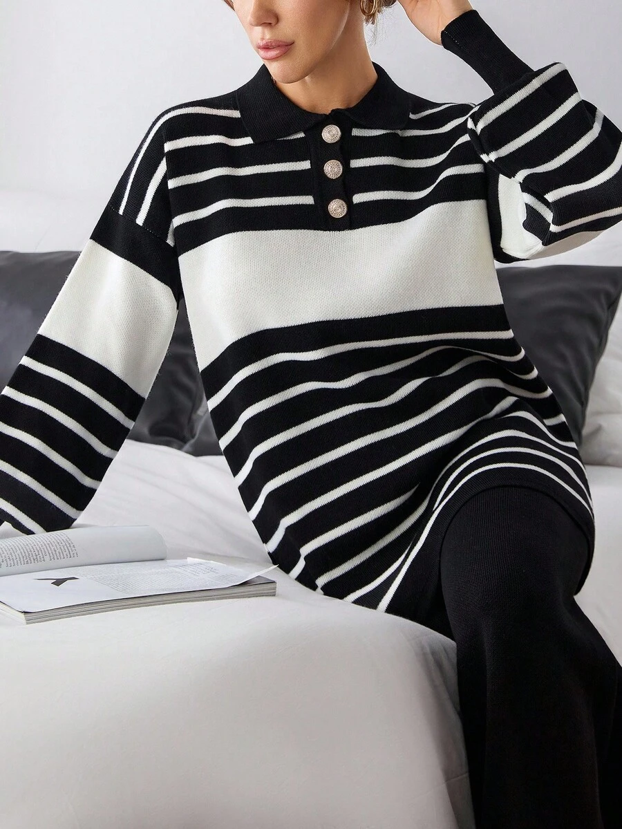 EURMUSE Set de pantaloni și pulover cu guler polo și nasturi în față cu model de dungi pentru femei - Alb-negru - Vizualizare 1