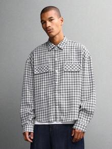 SUMWON Camisa de franela a cuadros corta con botones, manga larga, camisa de trabajo de estilo casual de calle, ajuste regular, con forro cepillado, ropa de trabajo utilitaria con bolsillos delanteros