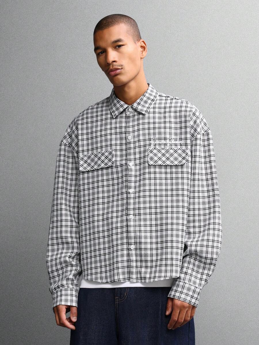 SUMWON Camisa de franela a cuadros corta con botones, manga larga, camisa de trabajo de estilo casual de calle, ajuste regular, con forro cepillado, ropa de trabajo utilitaria con bolsillos delanteros