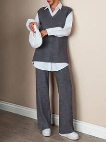 EURMUSE Minimalist Charcoal Knit Co-Ord Set – V-Neck Relaxed Fit Sweater & Ribbed Hem Pants,Winter Clothes Women,Winter Clothes,Autumn Outfits Women - Dark Grey - View 1