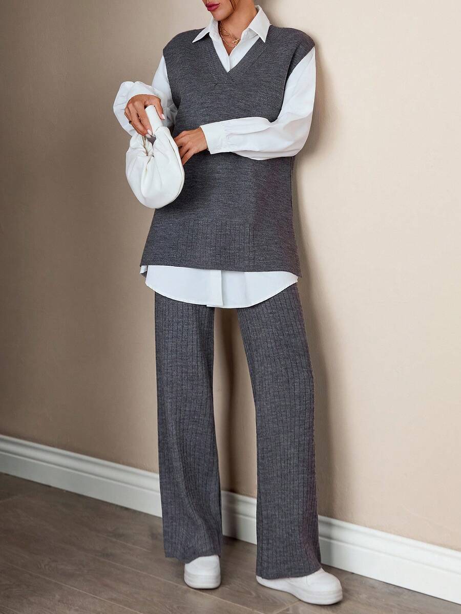 EURMUSE Minimalist Charcoal Knit Co-Ord Set – V-Neck Relaxed Fit Sweater & Ribbed Hem Pants,Winter Clothes Women,Winter Clothes,Autumn Outfits Women - Dark Grey - View 1