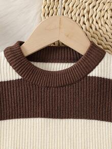 SHEIN Playful Pals Young Boys'Retro Thick-Striped Sweater & Pants Sets - Stylish, Comfortable,Suitable For Autumn/Winter Boys Two Piece Outfit Boys Brown Pants Boys Brown And White Striped Sweater Toddler Boy Clothes Boys Autumn Outfit Fall - Brown - View 5