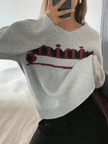 DAZY 撞色字母提花宽松休闲街头风圆领长袖针织毛衣女秋冬 - 灰色 - 查看 1