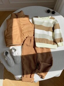 SHEIN Conjunto de 3 piezas para niños pequeños de otoño/invierno que incluye: chaleco acolchado versátil y casual, sudadera a rayas y pantalón largo. Conjunto de pantalón de pana para niños pequeños, conjunto de pana para niños en otoño. - Multicolor - Ver 11