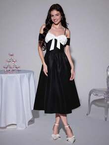 SHEIN MOD Damen Farbblock Off-Shoulder elegantes Kleid mit Schleifendekor in Mittellänge