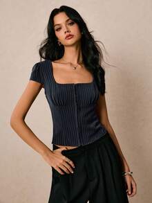 Poéselle Women's Tops Striped Tops Short-Sleeved Shirts Women's Shirts Cropped Tops Women's Summer Casual Striped Slim-Fit Top Tops Country Concert Concert Women Birthday Streetwear Festival - Navy Blue - View 3