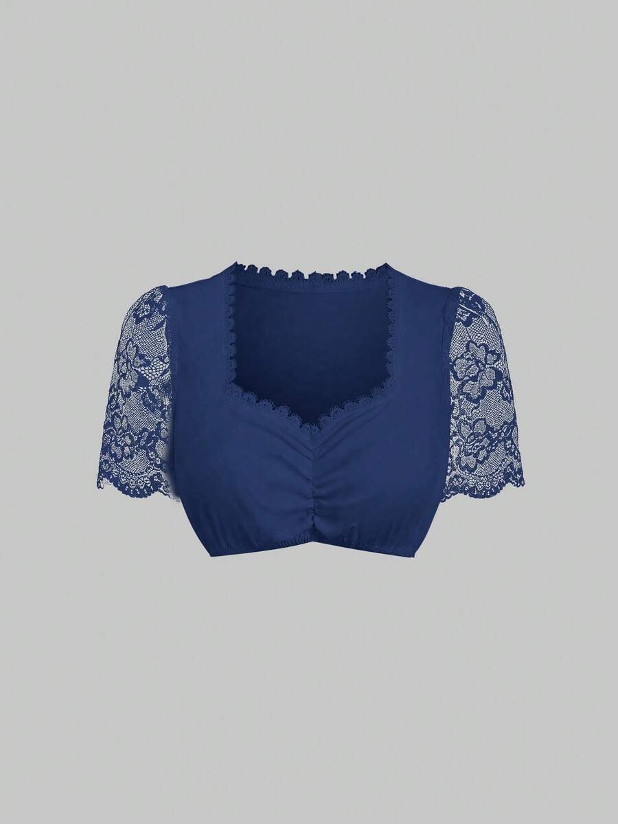Fairmaia Fashionable Casual German Traditional Lace Trim Blouse For Women - Navy Blue - View 1