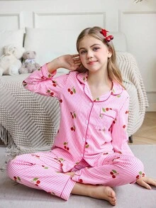 Snug Zone 女童樱花粉色条纹荷叶边印花纽扣前襟衬衫和短裤睡衣套装 - 粉色 - 查看 1